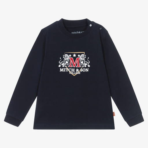 Mitch & Son-Boys Navy Blue Cotton Varsity Logo Top | Childrensalon Outlet