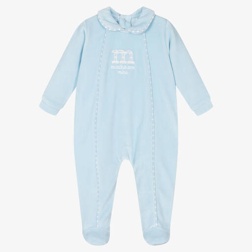 Mitch & Son-Boys Pale Blue Velour Babygrow | Childrensalon Outlet
