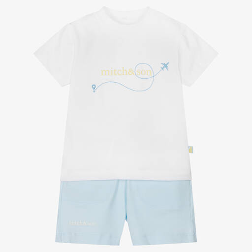 Mitch & Son-Белая футболка и голубые шорты из хлопка | Childrensalon Outlet