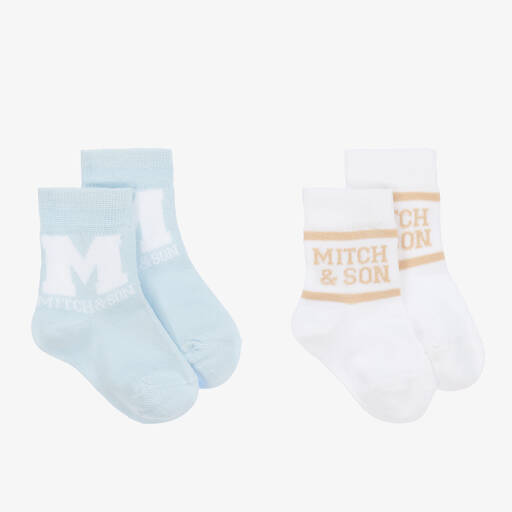 Mitch & Son-Boys White & Blue Cotton Socks (2 Pack) | Childrensalon Outlet