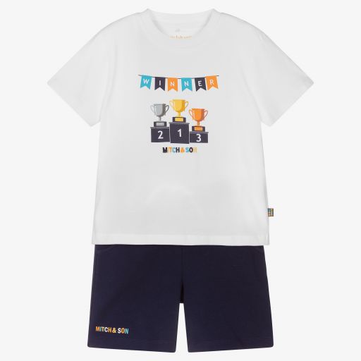 Mitch & Son-Белая футболка и синие шорты для мальчиков | Childrensalon Outlet