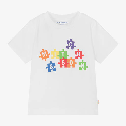Mitch & Son-Boys White Puzzle Print Cotton T-Shirt | Childrensalon Outlet
