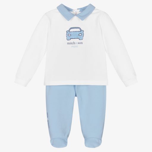 Mitch & Son-White & Blue 2 Piece Babygrow | Childrensalon Outlet