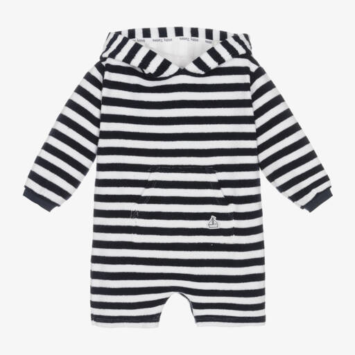 Mitty James-Boys Navy Towelling Striped Romper | Childrensalon Outlet