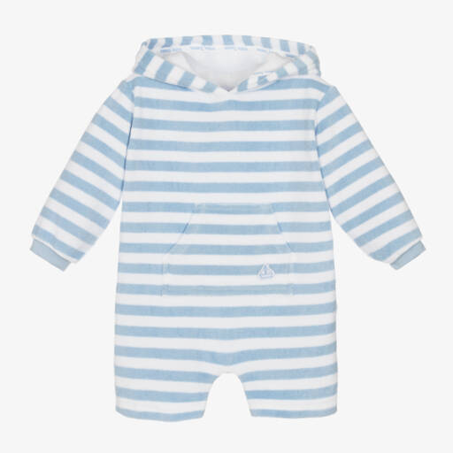 Mitty James-Boys Pale Blue Striped Towelling Romper | Childrensalon Outlet