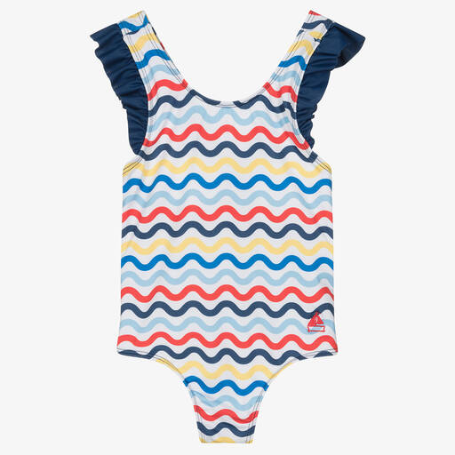Mitty James-Girls Blue Wavy Stripe Swimsuit (UPF50+) | Childrensalon Outlet