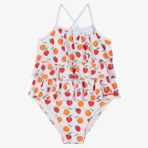 Mitty James-Girls White & Orange Fruit Ruffle Swimsuit (UPF 50+) | Childrensalon Outlet