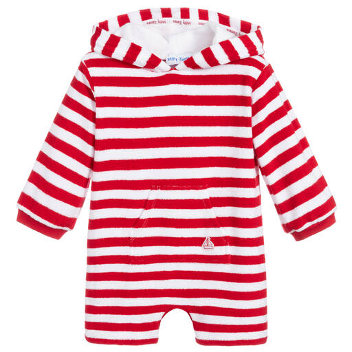 Mitty James-Red Stripe Towelling Baby Beach Romper | Childrensalon Outlet