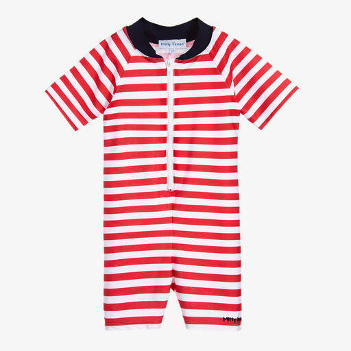 Mitty James-بدلة واقية من الشمس لون أحمر و أبيض مقلم (UPF 50+) | Childrensalon Outlet