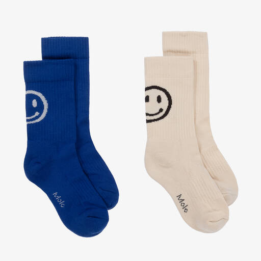 Molo-Blue & Beige Happy Face Cotton Socks (2 Pack) | Childrensalon Outlet