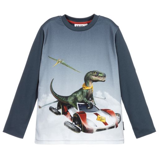 Molo-Blue Organic Cotton Dino Top | Childrensalon Outlet