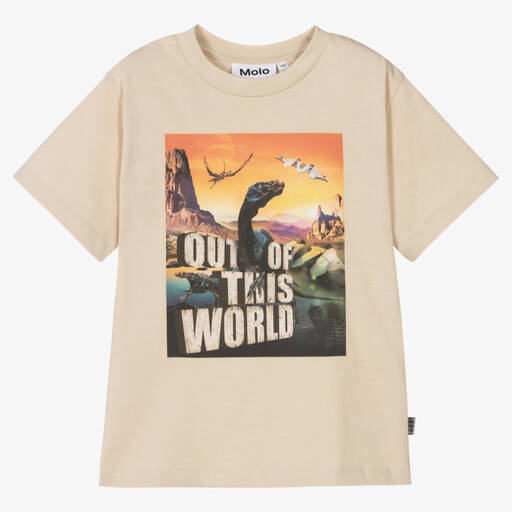 Molo-Boys Beige Cotton T-Rex World T-Shirt | Childrensalon Outlet