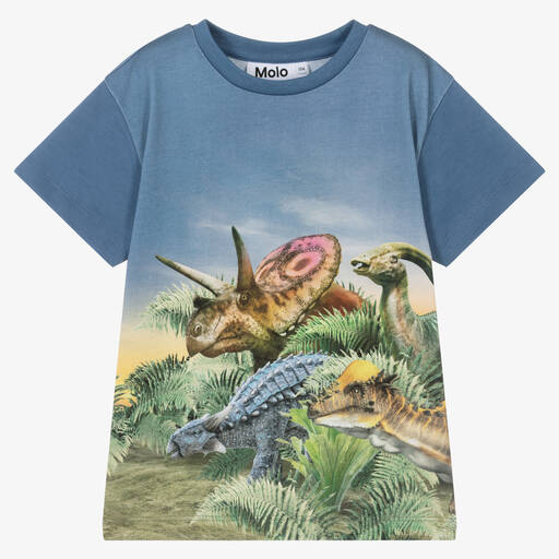 Molo-T-shirt bleu en coton Dino Friends | Childrensalon Outlet