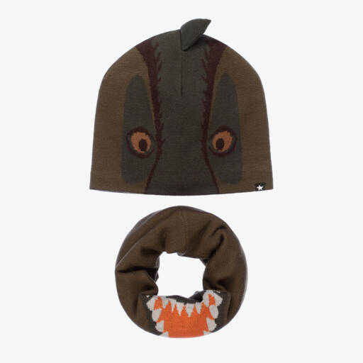 Molo-Boys Green Wool Dinosaur Hat & Snood Set | Childrensalon Outlet