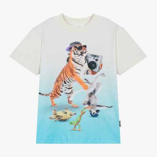 Molo-Boys Ivory & Blue Tiger Cotton T-Shirt | Childrensalon Outlet