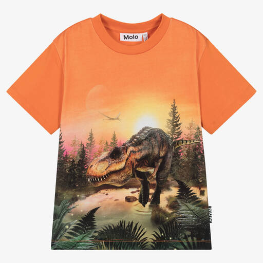 Molo-Boys Orange Cotton T-Rex Lake T-Shirt | Childrensalon Outlet