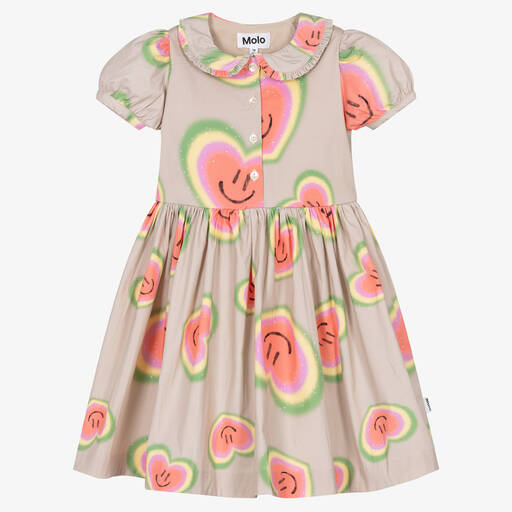 Molo-Girls Beige Organic Cotton Heart Dress  | Childrensalon Outlet