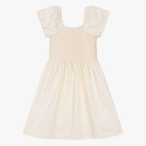 Molo-Girls Beige Shirred Organic Cotton Dress | Childrensalon Outlet