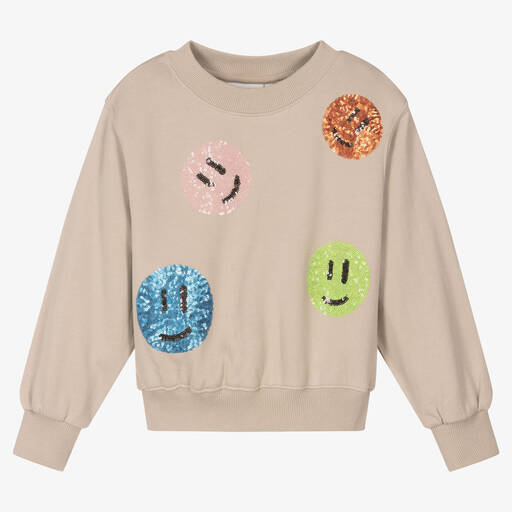 Molo-Girls Beige Smiling Face Sweatshirt | Childrensalon Outlet