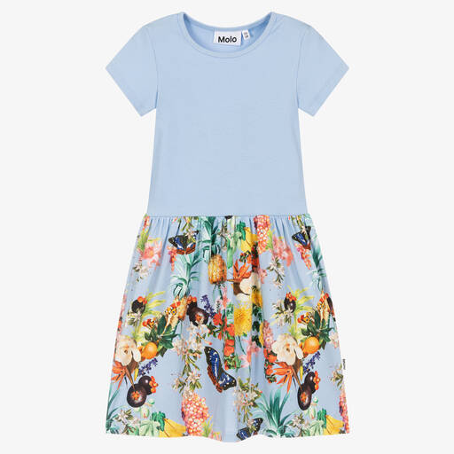 Molo-Girls Blue Cotton Floral & Fruits Dress | Childrensalon Outlet