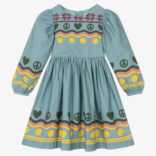 Molo-Girls Blue Cotton Peace & Love Dress | Childrensalon Outlet
