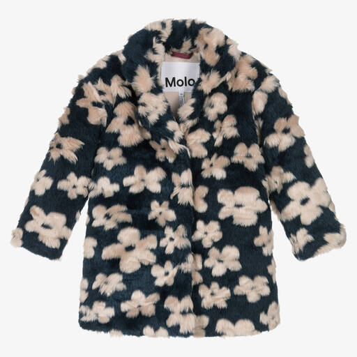 Molo-Girls Blue Floral Faux Fur Coat | Childrensalon Outlet