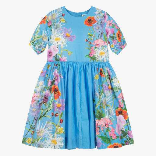 Molo-Girls Blue Floral Organic Cotton Dress  | Childrensalon Outlet