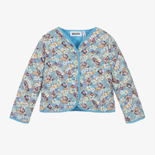 Molo-Girls Blue Floral Quilted Cotton Jacket | Childrensalon Outlet