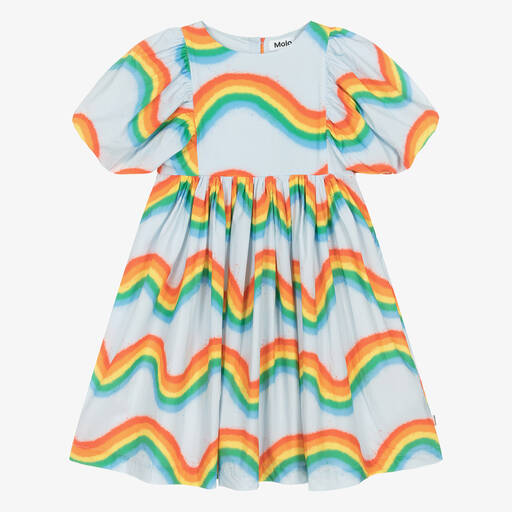 Molo-Girls Blue Organic Cotton Rainbow Dress | Childrensalon Outlet