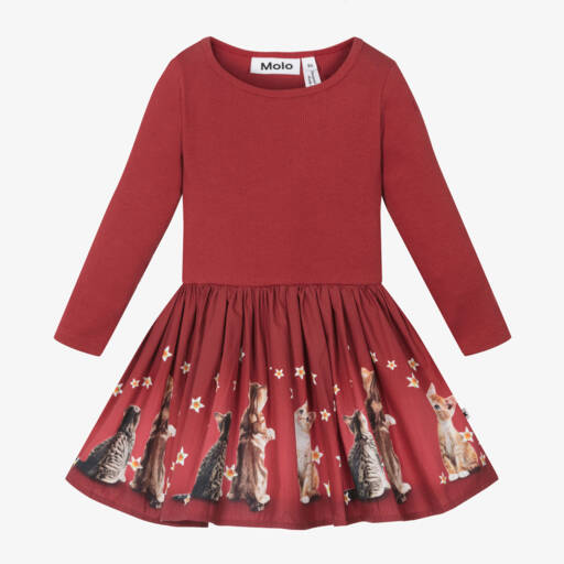 Molo-Girls Burgundy Kitten Print Dress | Childrensalon Outlet