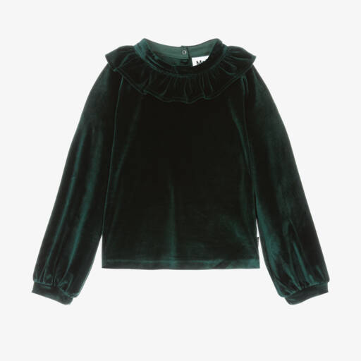 Molo-Girls Emerald Velvet Ruffle Top | Childrensalon Outlet