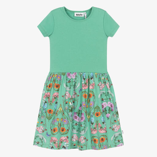 Molo-Girls Green Floral Organic Cotton Dress | Childrensalon Outlet