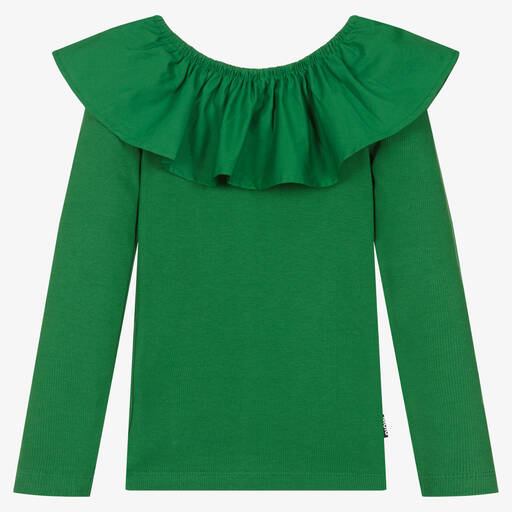 Molo-Girls Green Ribbed Cotton Ruffle Top | Childrensalon Outlet