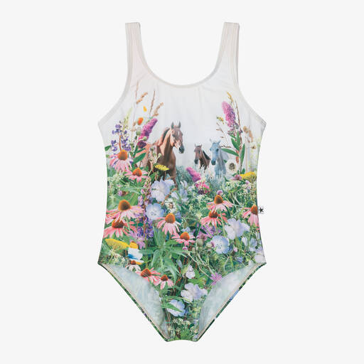 Molo-Girls Ivory Horse & Floral Print Swimsuit (UPF50+) | Childrensalon Outlet