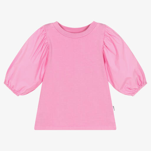 Molo-Girls Pink Cotton Puff Sleeve Top | Childrensalon Outlet