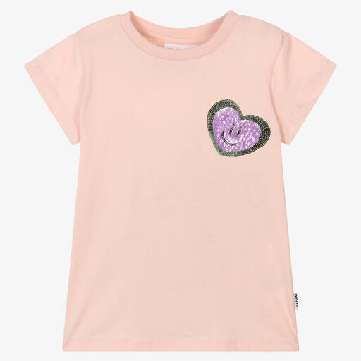 Molo-Girls Pink Cotton Sequin Heart T-Shirt  | Childrensalon Outlet