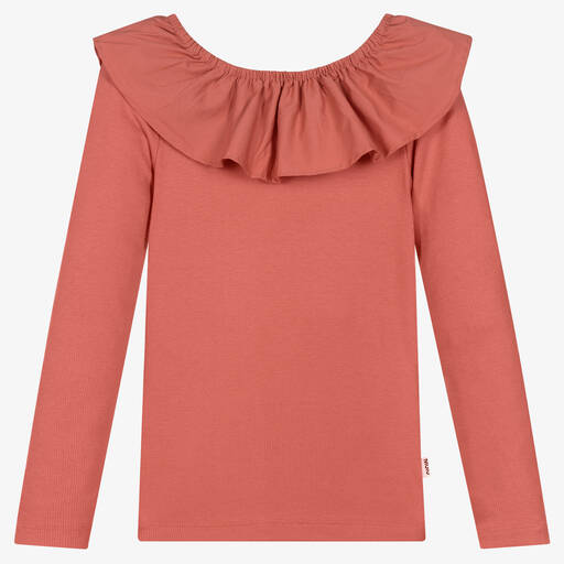 Molo-Girls Pink Ribbed Cotton Ruffle Top | Childrensalon Outlet