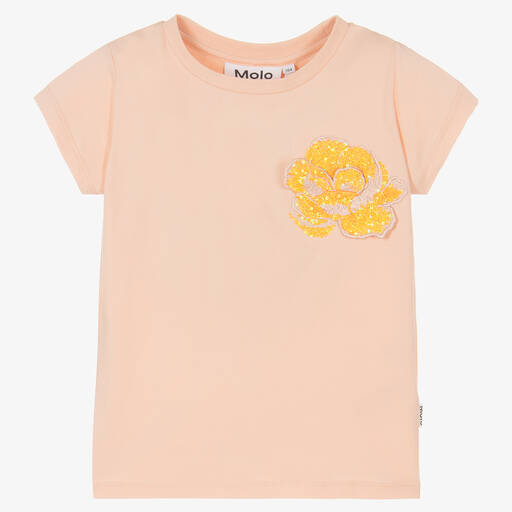 Molo-Girls Pink Sequin Flower Cotton T-Shirt | Childrensalon Outlet