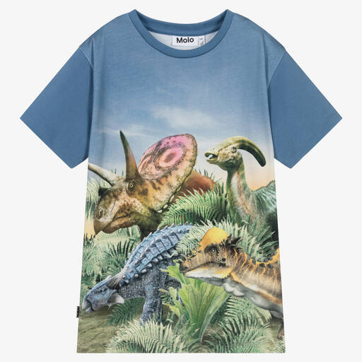 Molo-T-shirt bleu en coton dinosaures | Childrensalon Outlet