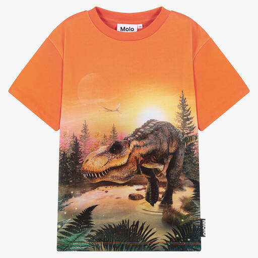 Molo-Teen Boys Orange Cotton T-Rex Lake T-Shirt | Childrensalon Outlet