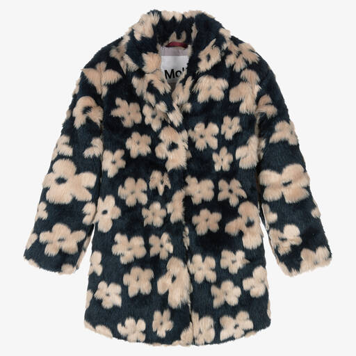 Molo-Teen Girls Blue Floral Faux Fur Coat | Childrensalon Outlet