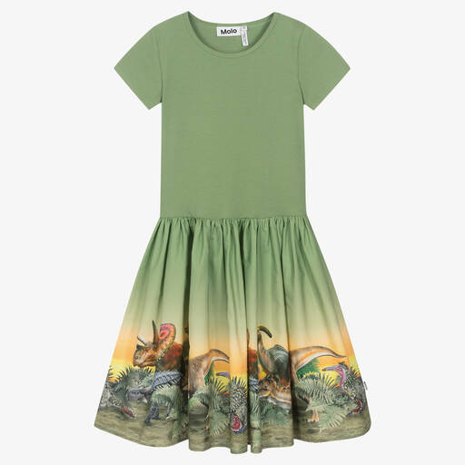 Molo-Teen Girls Green Organic Cotton Dinosaur Dress | Childrensalon Outlet