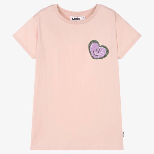 Molo-Teen Girls Pink Cotton Sequin Heart T-Shirt  | Childrensalon Outlet