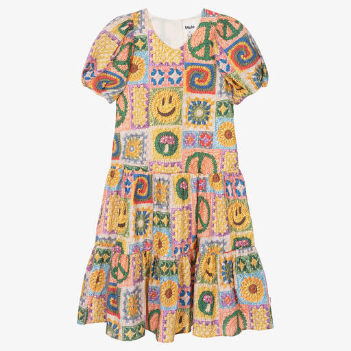 Molo-Teen Girls Yellow Crochet Print Cotton Dress | Childrensalon Outlet