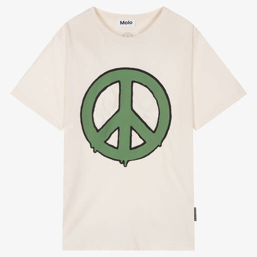 Molo-Teen Ivory & Green Peace Cotton T-Shirt | Childrensalon Outlet