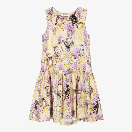 Molo-Yellow & Purple Kitten Dress | Childrensalon Outlet