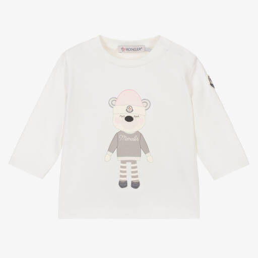 Moncler Enfant-تيشيرت قطن كريمي للبنات مع تصميم دب | Childrensalon Outlet