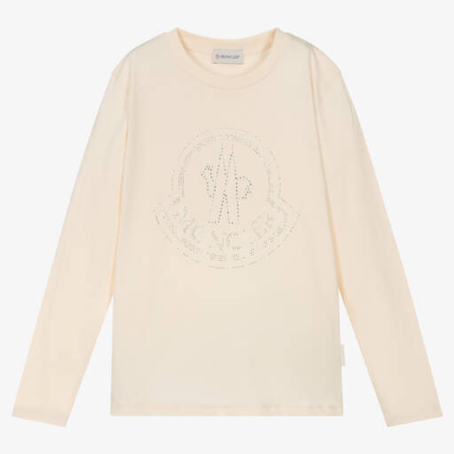 Moncler Enfant-بلوزة قطنية عاجية للبنات مزينة بالألماس | Childrensalon Outlet
