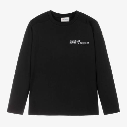 Moncler Enfant-تي شيرت أسود طويل الأكمام بشعار للمراهقين | Childrensalon Outlet