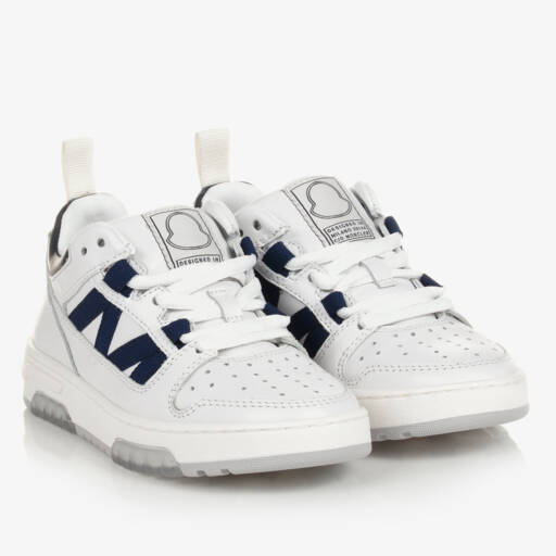 Moncler Enfant-حذاء رياضي جلدي أبيض بتفاصيل كحلية | Childrensalon Outlet